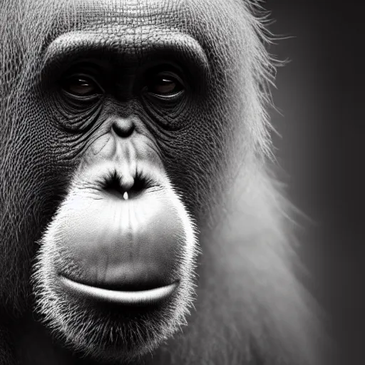 Prompt: Orangutan, monkey looking like Joe Biden, grey scale face, intricate, wild, highly detailed, hybrid animal, looking like human, sharp focus