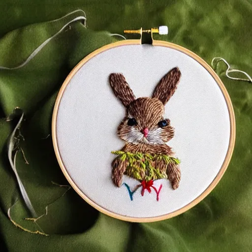 Image similar to a tiny beautiful handmade embroidery of a very cute rabbit. hand embroidery.