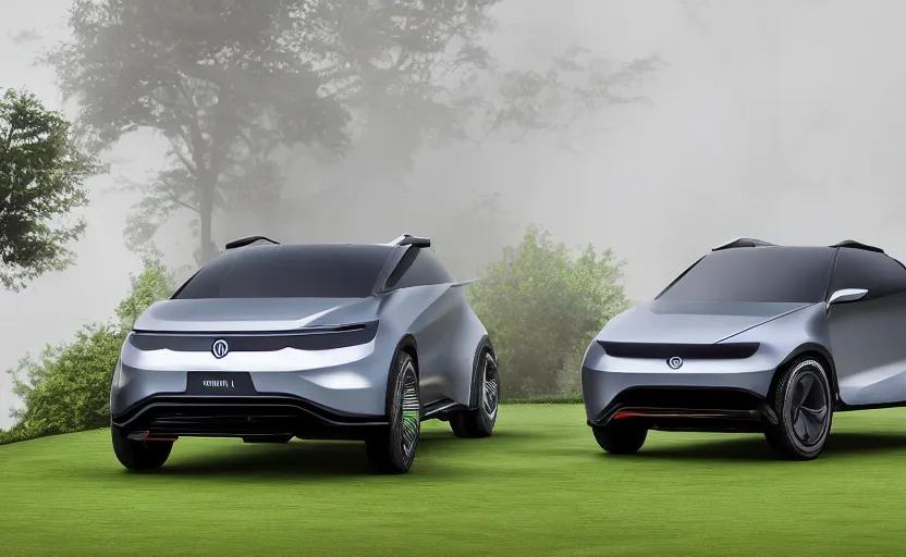 Image similar to the electric suv honma will release soon, outdoor product photography on a golf course, fog, very besautiful ambient light, sun rays