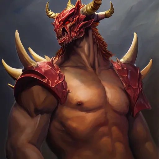 Image similar to Greg Manchess portrait painting of a horned, demonic, devil dragon armored character from league of legends, medium shot, asymmetrical, profile picture, Organic Painting, sunny day, Matte Painting, bold shapes, hard edges, street art, trending on artstation, by Huang Guangjian and Gil Elvgren and Sachin Teng