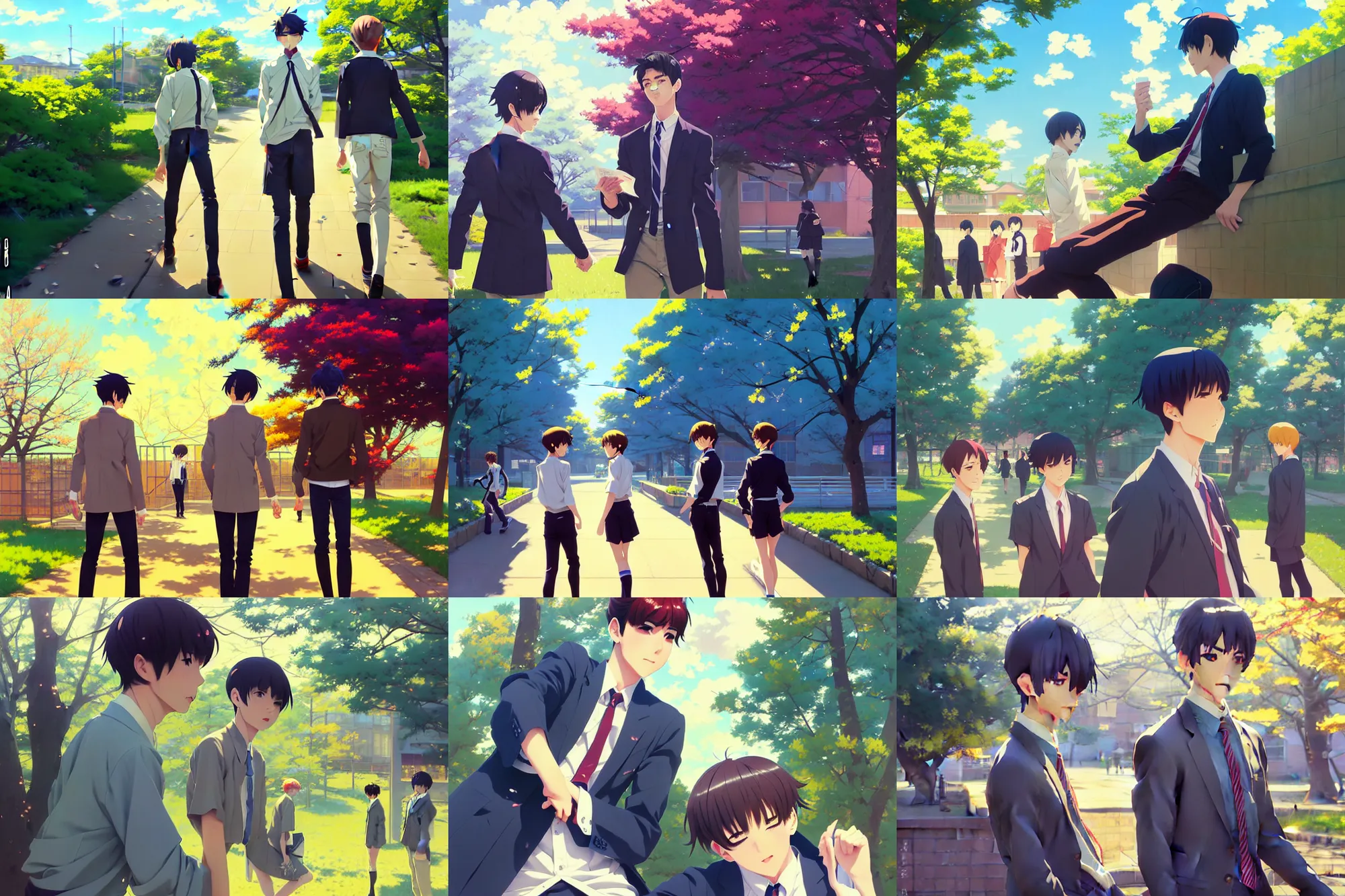 Image similar to boy's love anime high school spring noon scene, high detail concept art, perfect proportions fine face, tall handsome guys, close together romantic undertones, avant designer uniform, vivid colors, realistic shaded lighting poster fantasy art ilya kuvshinov, kyoani, katsuhiro, jeremy lipking and michael germash, makoto shinkai, loish, best selling artist