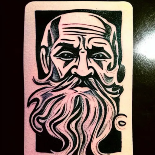 Image similar to tattoo design, stencil, a tarot card of an old man with a beard in the wind