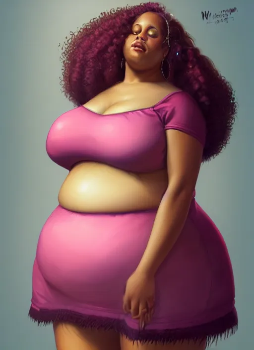 Image similar to full body portrait, teenage vanessa morgan, pink hair, brown skin, obese, curly pixie hair, sultry, realistic, short hair, hoop earrings, skirt, shirt, fat, belly, intricate, elegant, highly detailed, digital painting, artstation, concept art, smooth, sharp focus, illustration, art by wlop, mars ravelo and greg rutkowski