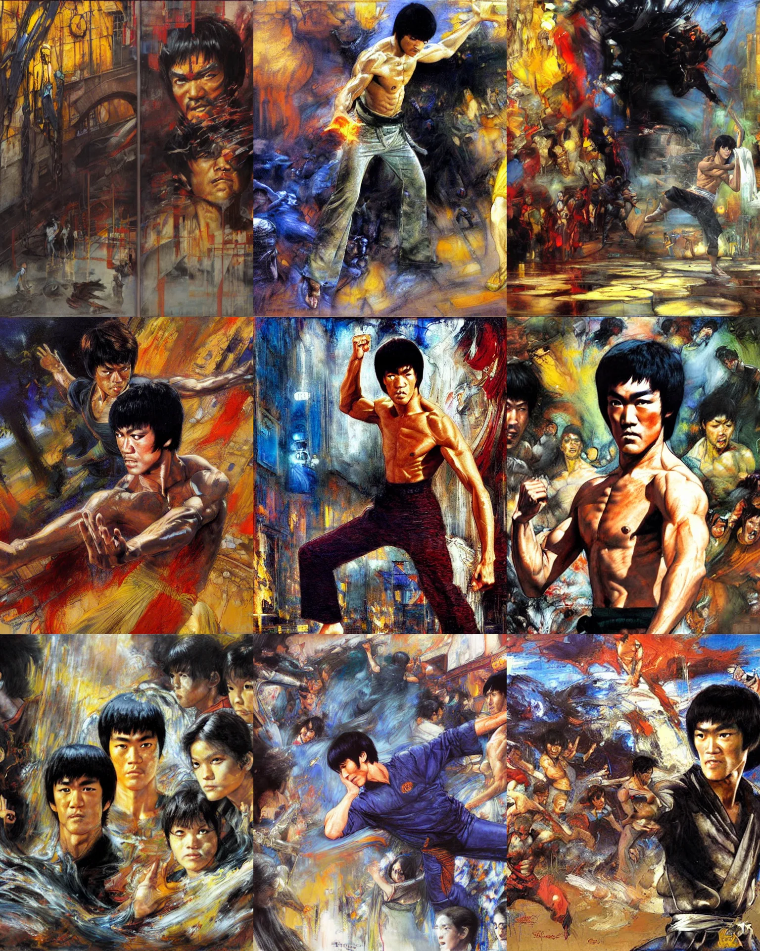 Prompt: bruce lee, mural by dean cornwell, richard schmid, thomas moran, john william waterhouse, studio ghibli, donato giancola,