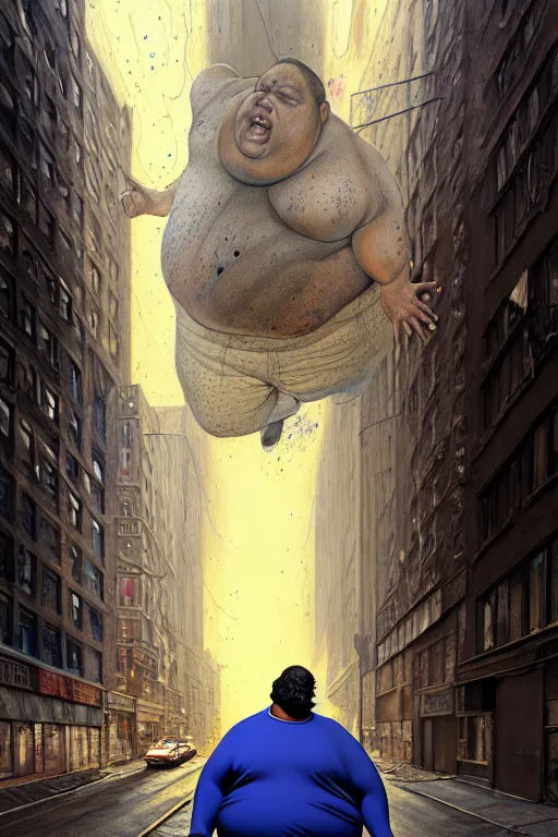 Image similar to hyperrealistic mixed media painting of a morbidly obese man, full body, on an empty city street at midnight, shame, stunning 3d render inspired art by P. Craig Russell and Barry Windsor-Smith + perfect facial symmetry + dim volumetric lighting, 8k octane beautifully detailed render, post-processing, extremely hyperdetailed, intricate, epic composition, grim yet sparkling atmosphere, cinematic lighting + masterpiece, trending on artstation, very very detailed, masterpiece, stunning