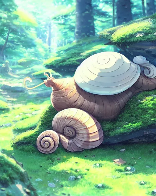 Image similar to a cute large snail with a shell made of stone and moss, lush aspen forest, great detail, epic composition, top down angle ， by makoto shinkai an krenz cushart