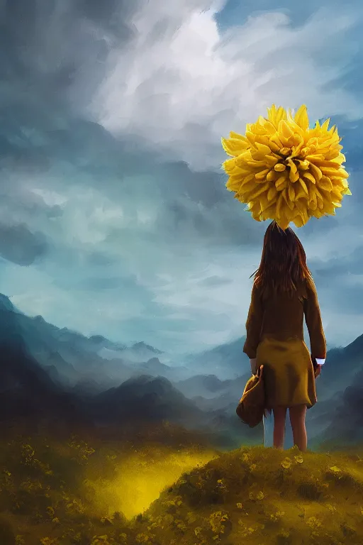 Image similar to closeup girl with giant yellow dahlia flower as head, standing on mountain, surreal photography, blue storm clouds, dramatic light, impressionist painting, digital painting, artstation, simon stalenhag