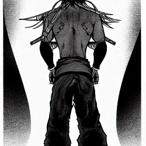 Image similar to A FULL BODY PORTRAIT FROM BEHIND OF A SANURAI FROM MANGA VAGABOND ,detailed, concept art, ink style , sketch