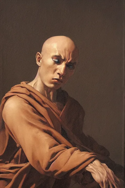 Prompt: Baroque painting of a Monk, inspired by Gustav Moreau and Wayne Barlowe, exquisite detail, hyper realism, ornate, exquisite detail, cute face