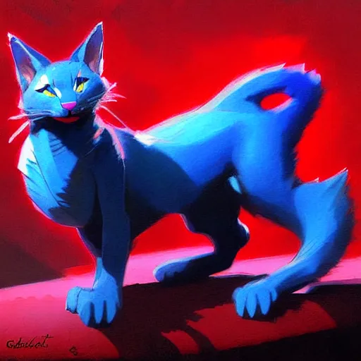 Image similar to blue cat eating red sable painting by eddie mendoza, greg rutkowski