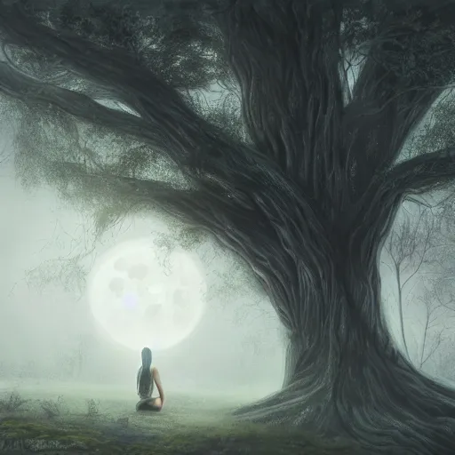 Prompt: an ultra realistic painting of a girl in a silver dress sitting in a gigantic ancient tree next to a pond at night, surrounded by a towering dark forest, the moon can be glimpsed through the trees and is veiled by fog, fog obscures the background, midnight, dark fantasy, fantasy forest, spooky forest, highly detailed, concept art