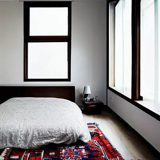 Image similar to Bedroom with Minimalistic Art on the walls, white furniture, Multi colored Mandala Rug, big windows with sunlight coming in