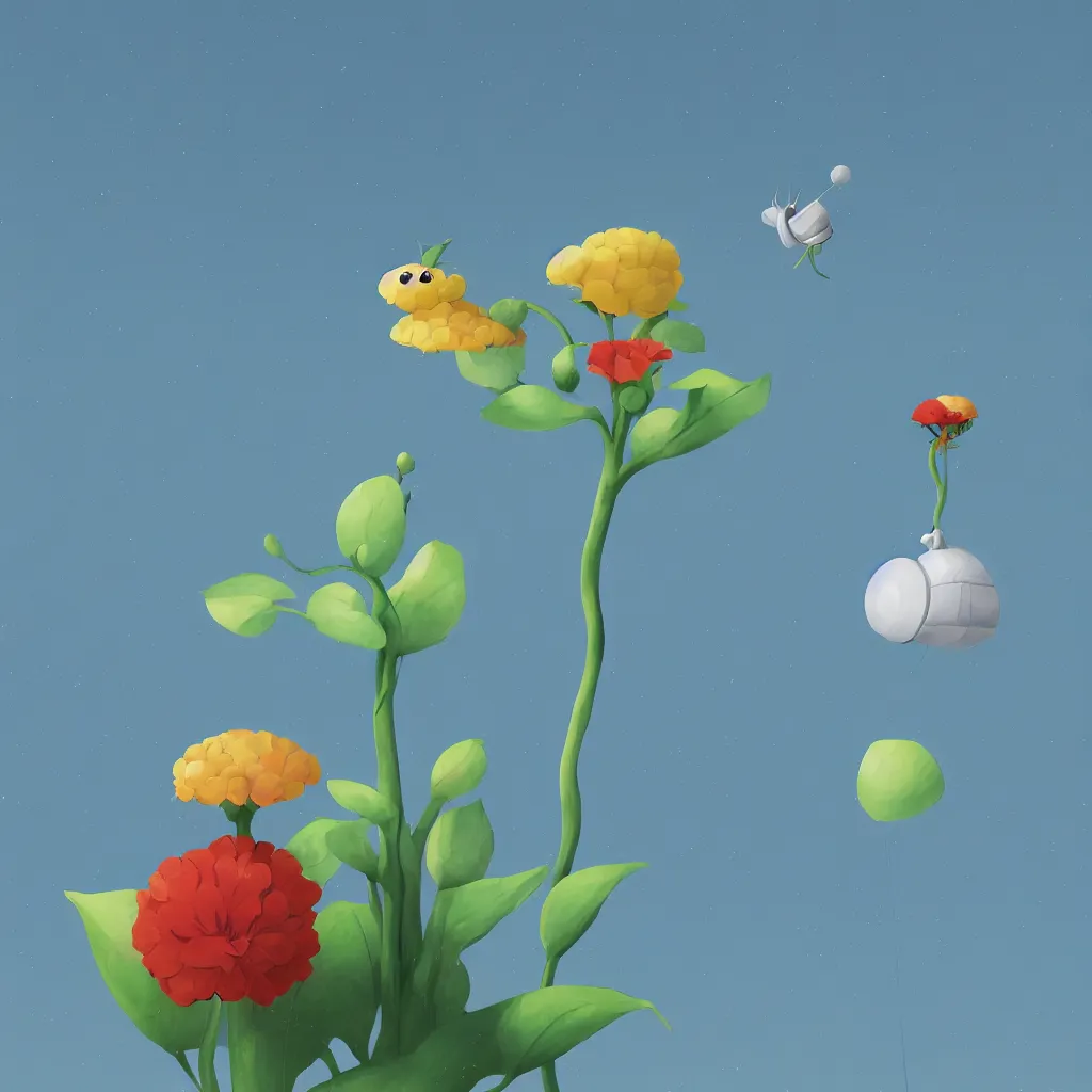 Prompt: Side view of a snail climbing up the pole of the tallest flower in the field, art by Goro Fujita, ilustration, concept art, sharp focus, ArtStation and deviantart