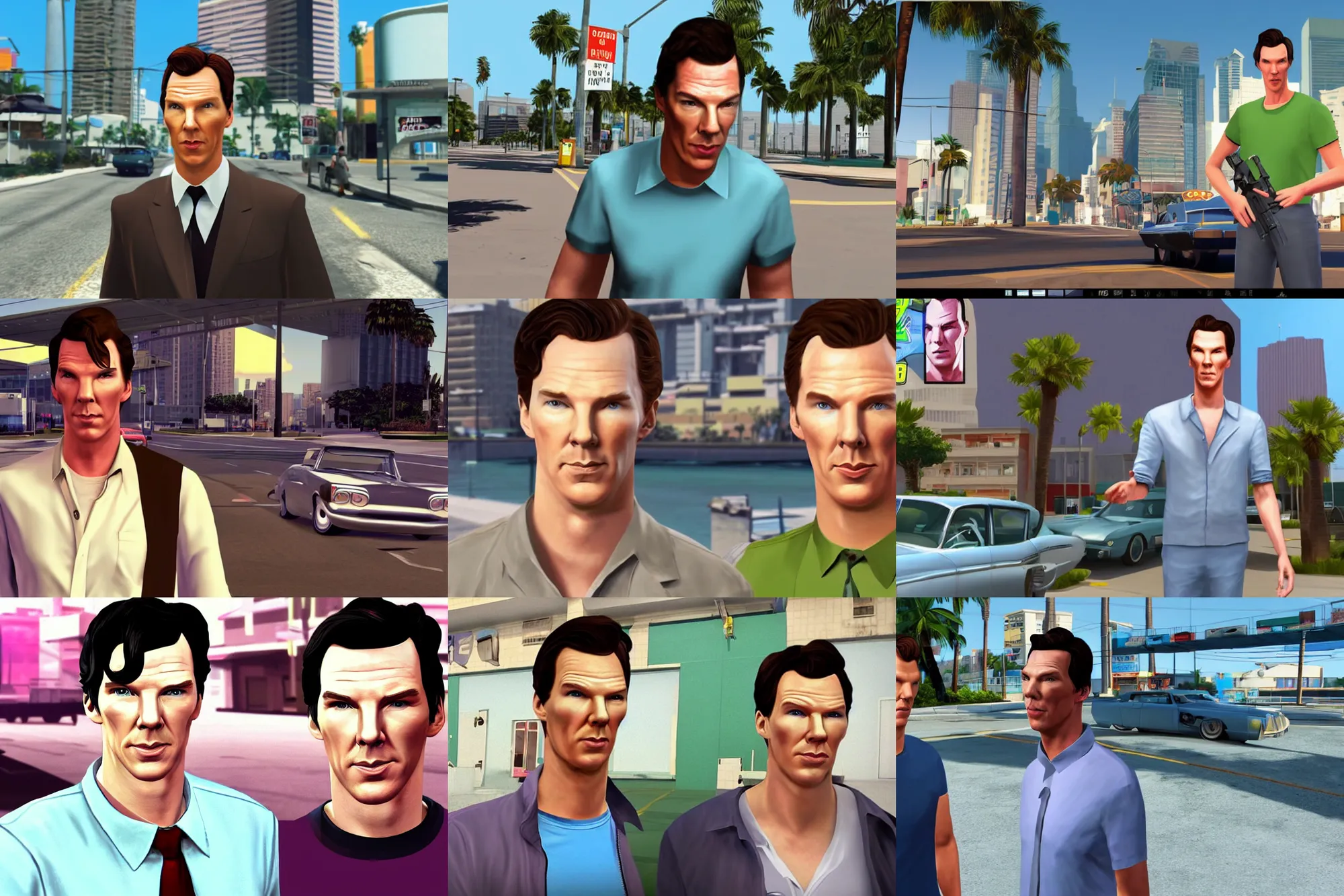 Prompt: a screenshot of benedict cumberbatch in the video game gta vice city. 3 d rendering. unreal engine. amazing likeness. very detailed. cartoon caricature.