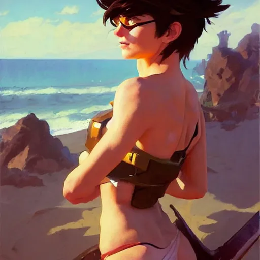 Prompt: greg manchess painting of tracer wearing a knight armor in a beach, medium shot, organic painting, sunny day, bold shapes, hard edges, street art, trending on artstation, by huang guangjian and gil elvgren and sachin teng and artgerm and greg rutkowski and alphonse mucha