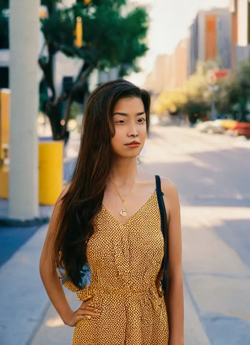 Prompt: a beautiful brown hair woman in a yellow sun dress in downtown Los Angelas, 50mm lens, Kodak Portra 400 film