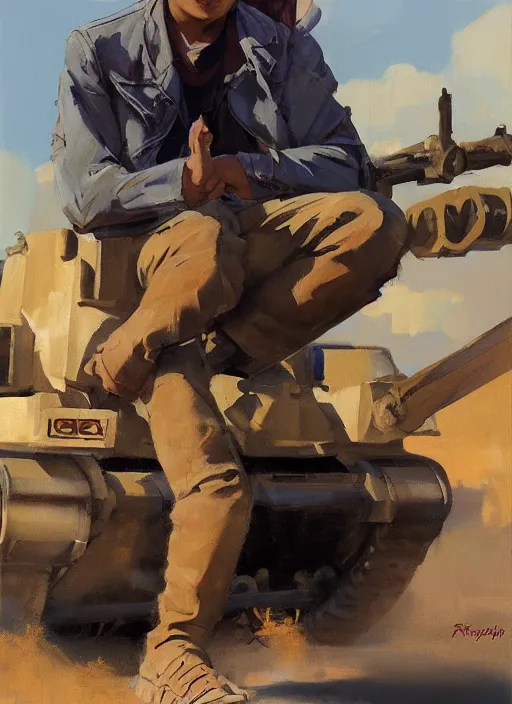 Image similar to greg manchess portrait of a filipino young man sitting on a tank, asymmetrical, profile picture, organic painting, sunny day, matte painting, bold shapes, hard edges, street art, trending on artstation, by huang guangjian, gil elvgren, ruan jia, randy vargas, greg rutkowski