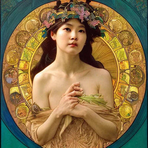 Image similar to detailed portrait art nouveau painting of Ashley Liao as the goddess of the sun, with anxious, piercing eyes, by Alphonse Mucha, Michael Whelan, William Adolphe Bouguereau, John Williams Waterhouse, and Donato Giancola