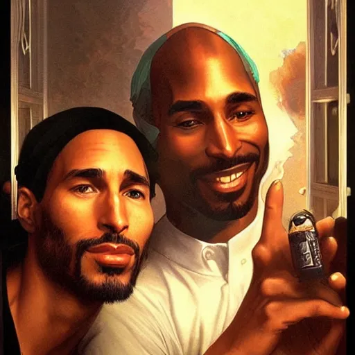 Prompt: Portrait of steve jobs and tupac smoking pot in heaven, intricate, highly detailed, digital painting, artstation, concept art, smooth, art by artgerm and greg rutkowski and alphonse mucha
