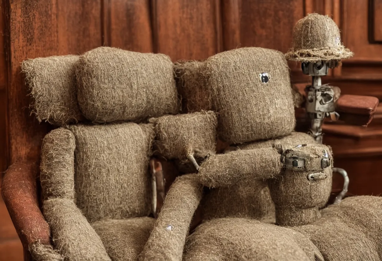 Prompt: An intimate extreme closeup photograph of one lonely robot sitting on a frayed recliner in front of a single beautiful fireplace in a Victorian home