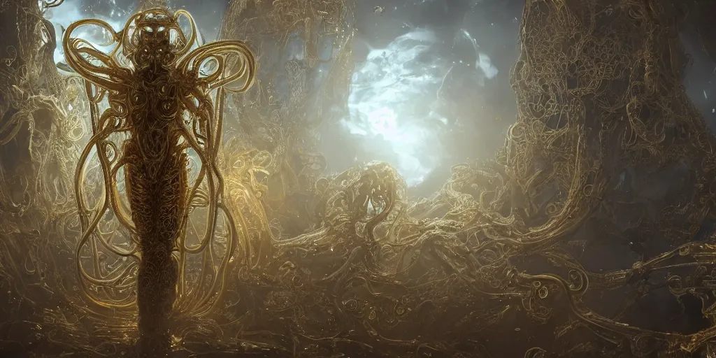 Prompt: a photo of 8k ultra realistic corrupted lovecraftian golden humanoid queen standing next to a spaceship window, 8 intricate white and gold tentacles, ornate white and gold armour, cinematic lighting, trending on artstation, artstationHD, artstationHQ, 4k, hyper realistic, focused, high details, unreal engine 5, cinematic, masterpiece