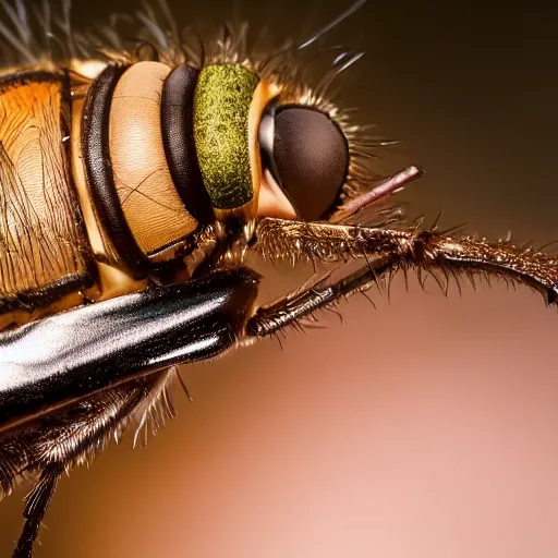 Image similar to a macro photograph of a fly with donald trump hair