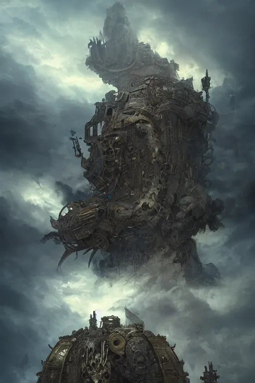 Prompt: Abstract tech action scene of a old steampunk warrior facing a gigantic etheral monster looking down on top of ruins, horror, volumetric clouds focus, detailed, realistic eyes, symmetric body features proportions, intricate details, award winning, by Tom Bagshaw