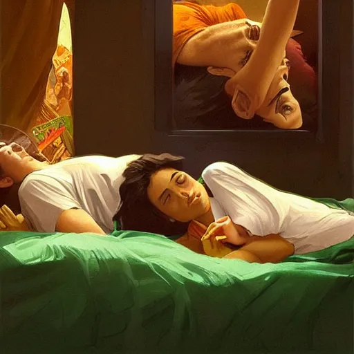 Image similar to guinness bottles and young man in orange shirt and a girl in green shirt sleeping in bed, highly detailed, digital painting, artstation, concept art, smooth, sharp focus, illustration, art by artgerm and greg rutkowski and alphonse mucha