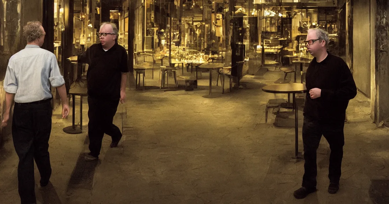 Image similar to todd solondz, high quality high detail image of todd solondz walking with a friend in an empty caffe bar in tel aviv street, clear sharp face of todd solondz, night, by lucian freud and gregory crewdson and francis bacon, hd, photorealistic lighting