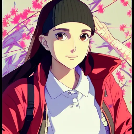 Image similar to a beautiful! boyish! natalie portman alluring gravure! model, wearing hip hop mayan bomber jacket and leotard with native style overalls, bulky poofy bomber jacket with mayan patterns, guilty gear art style, trending on pixiv, painted by makoto shinkai takashi takeuchi studio ghibli, akihiko yoshida