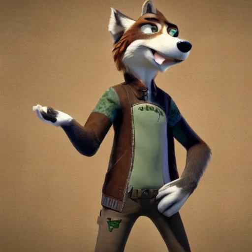 Image similar to far shot, 3d render , anthropomorphic wolf male , wearing along brown leather jacket , in the style of Zootopia