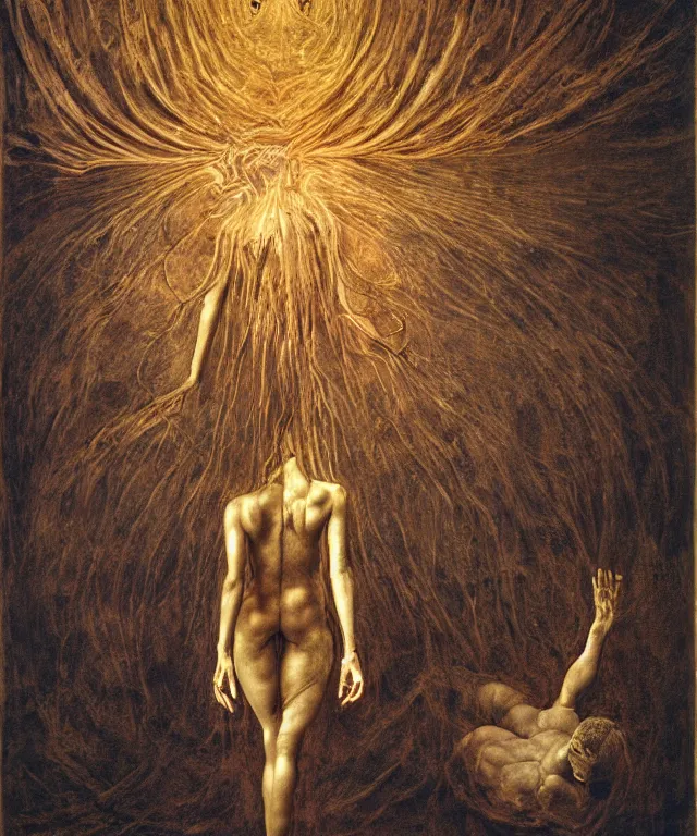 Image similar to The room without doors and windows with beautiful full-body wax sculpture of the glowing woman with visible golden bones inside her in the singularity where stars becoming baroque folds of dark matter by Michelangelo da Caravaggio, Nicola Samori, William Blake, Alex Grey and Beksinski, dramatic volumetric lighting, detailed oil painting, 8k, masterpiece