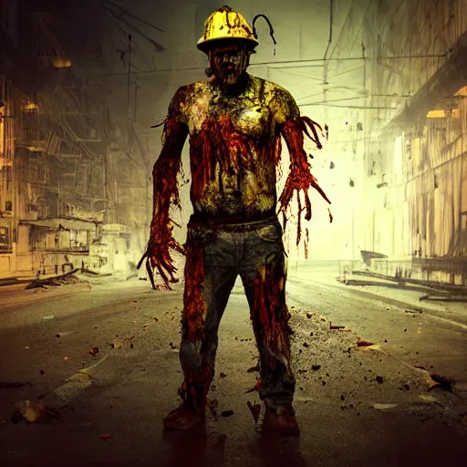 Image similar to construction - worker as angry rotting zombie, full body portrait, reflective vest, road construction, horror core, apocalyptic, feeling of grimdark, sharp focus, fiction, hyper detailed, digital art, trending in artstation, cinematic lighting, studio quality, smooth render, unreal engine 5 rendered, octane rendered, art style and nixeu and wlop and krenz cushart