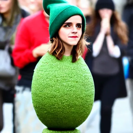 Prompt: emma watson as an avocado chair wearing a beanie made of avocado