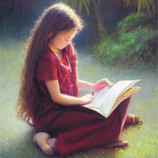 Prompt: a girl reading a book by Mark Keathley
