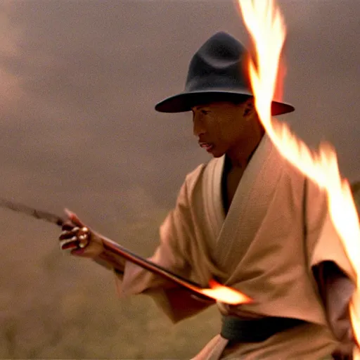 Image similar to cinematic film still Pharrell Williams starring as a Samurai holding fire, Japanese CGI, VFX, 2003, 40mm lens, shallow depth of field,film photography