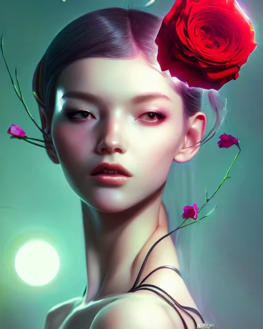 Prompt: perfect android girl, roses in hair, cyborg, flowers, metallic surface, cinematic lighting, garden, utopia, beautiful girl, kim hyun joo, advanced technology, futuristic, art by ilya kuvshinov and akiko takase and eugene gottsnake and stanislav istratov and su fu and antoine collignon