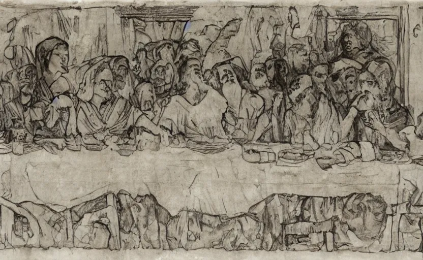 Image similar to last supper, drawn by a 5 year old detailed, sketh