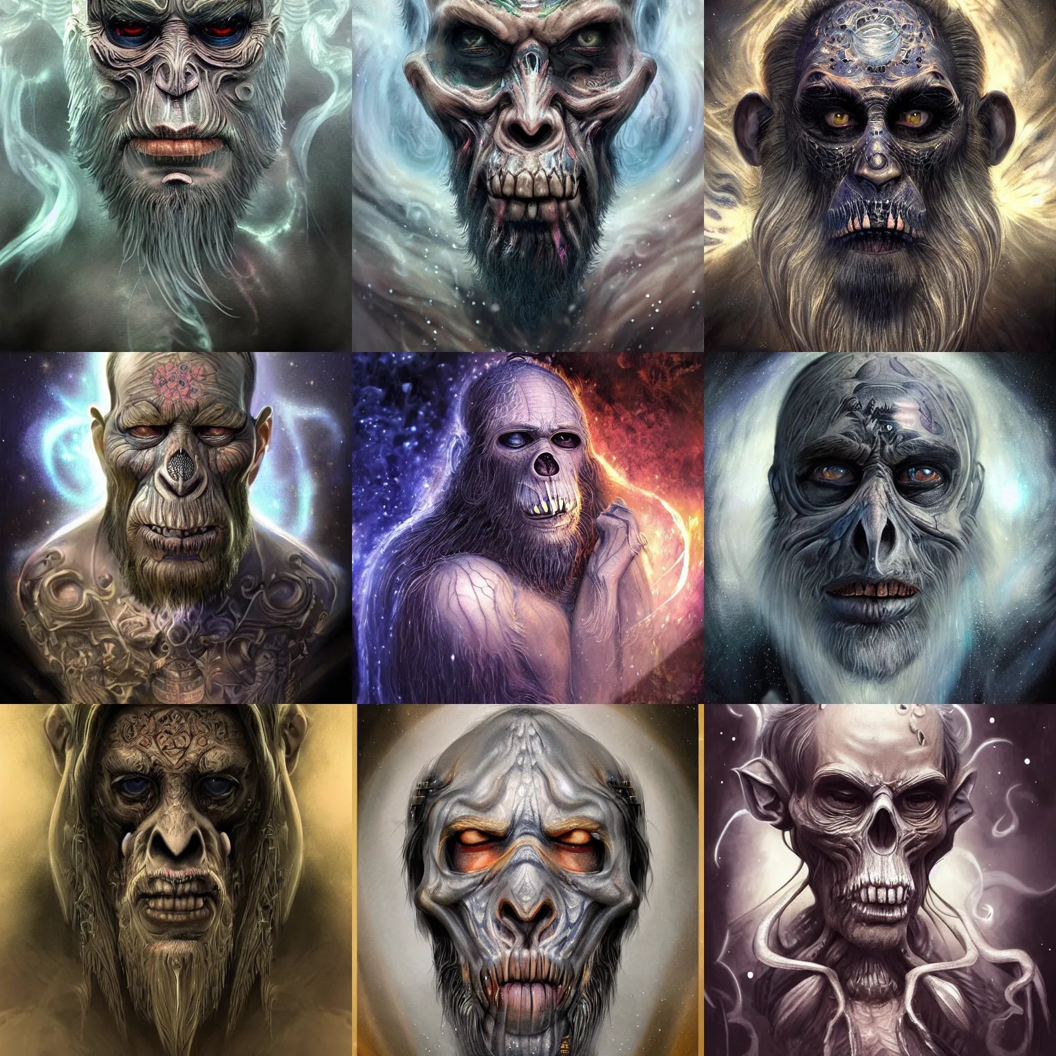 Image similar to a WLOP 3d render of Very very very very highly detailed beautiful mystic portrait of a phantom undead ape with whirling galaxy around, tattoos by Anton Pieck, intricate, extremely detailed, digital painting, artstation, concept art, smooth, sharp focus, illustration, intimidating lighting, incredible art,