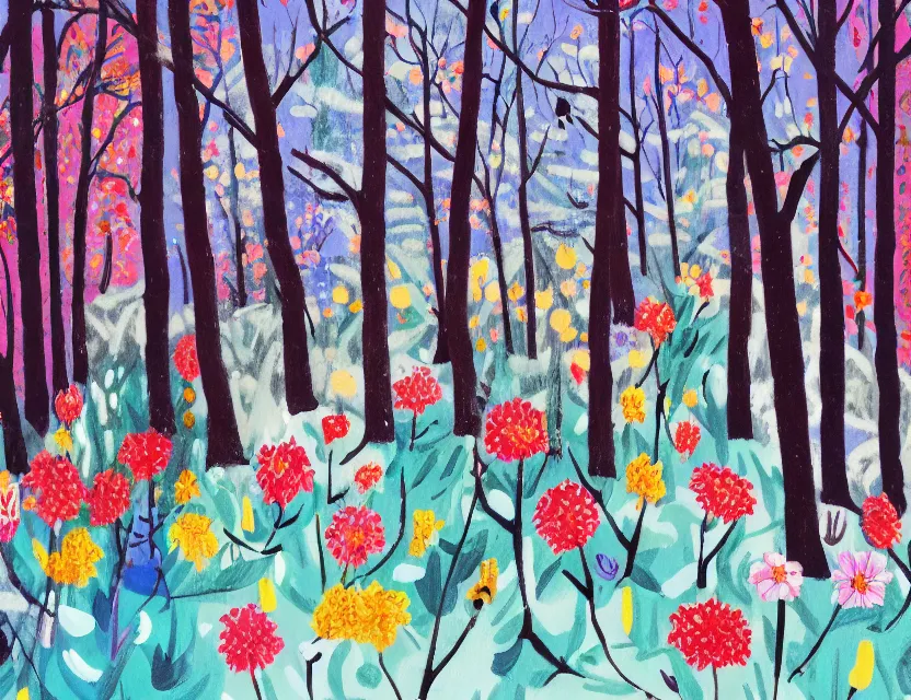 Prompt: winter woods where there's an animal spirit of flowers. gouache, limited palette with complementary colors, children's cartoon, backlighting, bold composition, depth of field.