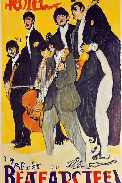 Image similar to a poster announcing a Beatles concert in a parisian cabaret depicting John Lennon, Paul Mccartney, George Harrrison and Ringo Starr, painting by Toulouse-Lautrec, high quality, masterpiece,