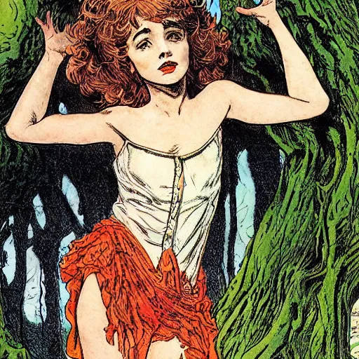 Prompt: beautiful girl in the shape of a tree by wrightson, bernie