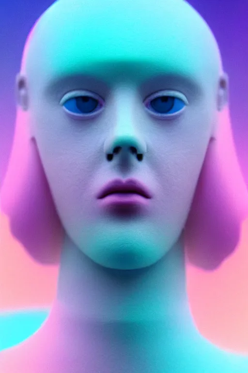Image similar to high quality pastel coloured film close up photograph of a model android in an icelandic black rock!! environment in a partially haze filled dreamstate world. three point light, rainbow. photographic production. art directed. pastel colours. volumetric clouds. pastel gradient overlay. waves glitch artefacts. extreme facial clarity. 8 k. filmic.