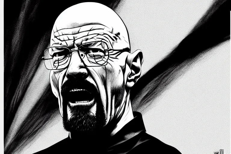 Image similar to Walter white angry screaming, artstation, concept art, sharp focus, illustration in pen an ink, black and white, art by Masashi Tanaka