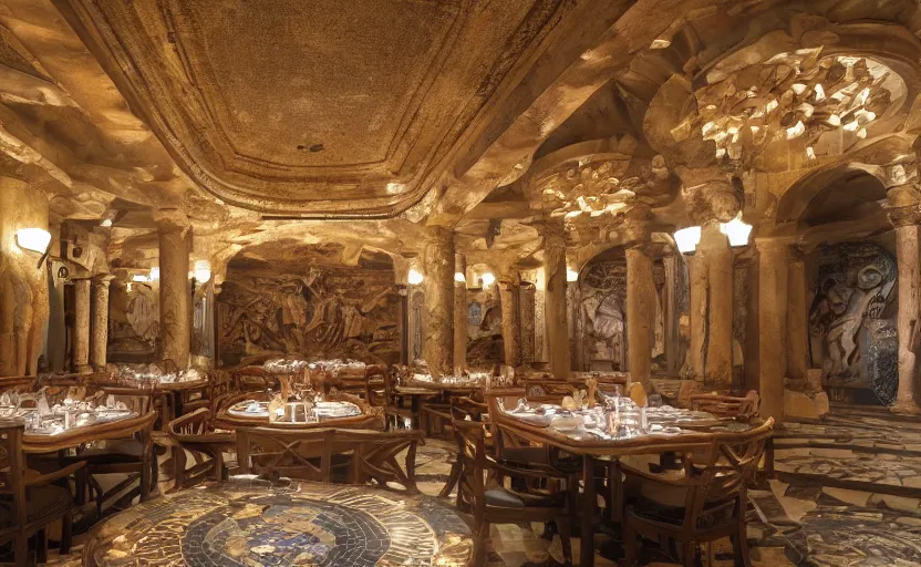 Image similar to interior of an atlantis themed restaurant, ancient greek style, mosaics, pillars, marble, golden details, tables, atmospheric lighting