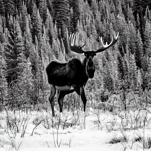 Prompt: Majestic moose photograph by Helmut Newton, wildlife photography, award winning, eye catching, high definition