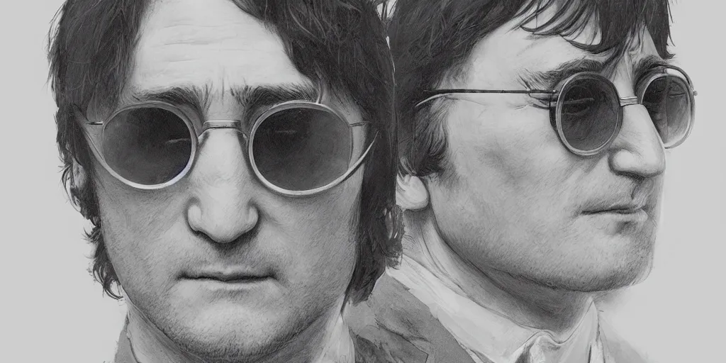 Prompt: John Lennon portrait, kim jung gi style, Greg Rutkowski, Zabrocki, Karlkka, Jayison Devadas, Phuoc Quan, trending on Artstation, 8K, ultra wide angle, zenith view, pincushion lens effect