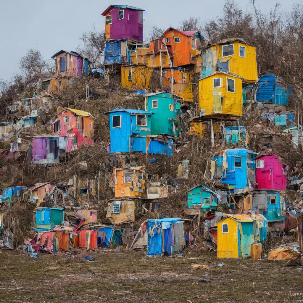 Image similar to a tower made up of colourful makeshift squatter shacks, dystopia, sony a 7 r 3, f 1 1, fully frontal view, photographed by jeanette hagglund