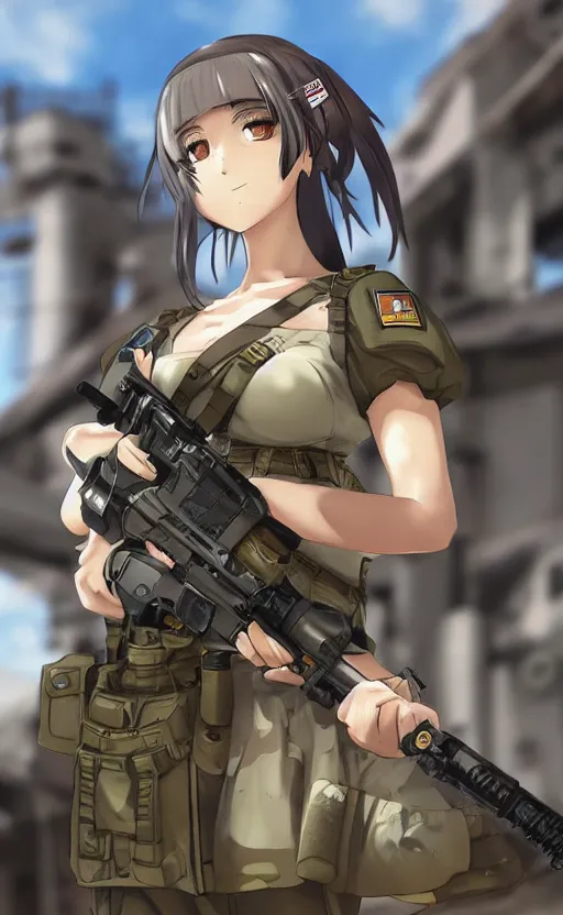 Prompt: portrait of a female soldier, highly detailed, high resolution, military camp in the background, anime style, stunning, girls frontline style, bokeh soft, 3d rendering, guilty gear strive graphics, 100mm, trending on instagram, by professional photographer, realistic human anatomy, realistic military carrier, modern warfare, realistic weapon, shot with a arriflex 35 ii, low saturation, small eyes