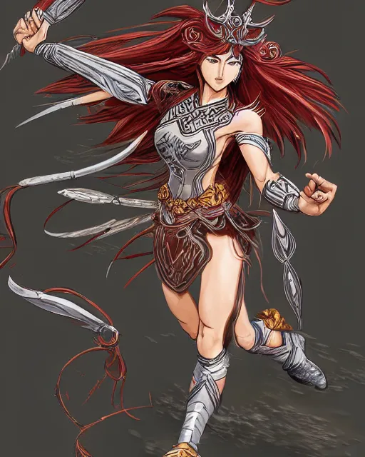 Image similar to A beautiful female warrior running, D&D, beautiful face, highly detailed face, fantasy art, female art, in the style of masami kurumada, illustration, epic, fantasy, intricate, hyper detailed, artstation, concept art, smooth, sharp focus, ray tracing